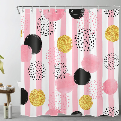 LB Pink and White Striped Shower Curtain Decor, Modern Black and Gold Geometric Pattern Shower Curtain for Bathroom 72X78 inch Polyester Fabric Bathroom Decoration Bath Curtains Hooks Included LB Pink and White Striped Shower Curtain Decor, Modern Black and Gold Geometric Pattern Shower Curtain for Bathroom 72X78 inch Polyester Fabric Bathroom Decoration Bath Curtains Hooks Included
