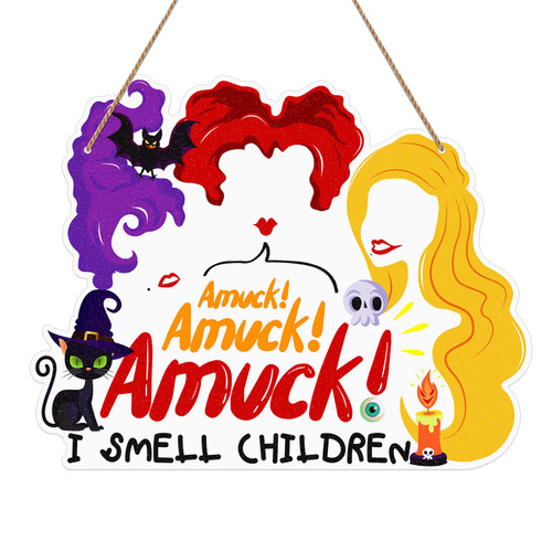 WhatSign Halloween Hocus Pocus Decor Door Sign I Smell Children Sign Halloween Decorations Hocus Pocus Sign for Halloween Home Front Door Wreath Wall Decorations Hocus Pocus Party Favor Supplies Gifts