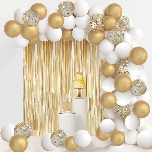 White and Gold Balloon Garland Arch Kit ? White and Gold Party Decorations with 1pcs Gold Tinsel Curtains for Graduation Party New Years Birthday Anniversary White and Gold Balloon Garland Arch Kit ? White and Gold Party Decorations with 1pcs Gold Tinsel Curtains for Graduation Party New Years Birthday Anniversary