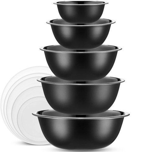 WHYSKO Stainless Steel Mixing Bowls With Lids Set, 5 Sizes Nesting Mixing Bowls for Your Kitchen Meal Prep, Cooking, Baking, and Food Storage (Silver Bowls - With Black Lids)