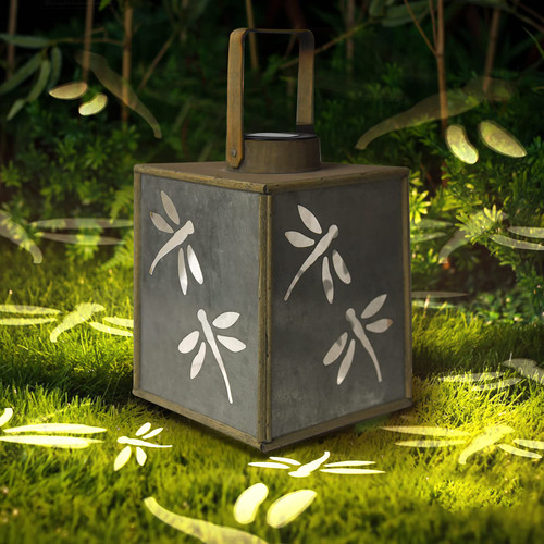 Greenidea Hanging Solar Lights Vintage Outdoor Solar Powered Tabletop Lanterns with Dragonfly Pattern, Waterproof Garden Lights with Handle for Yard, Lawn, Patio, Garden Decoration
