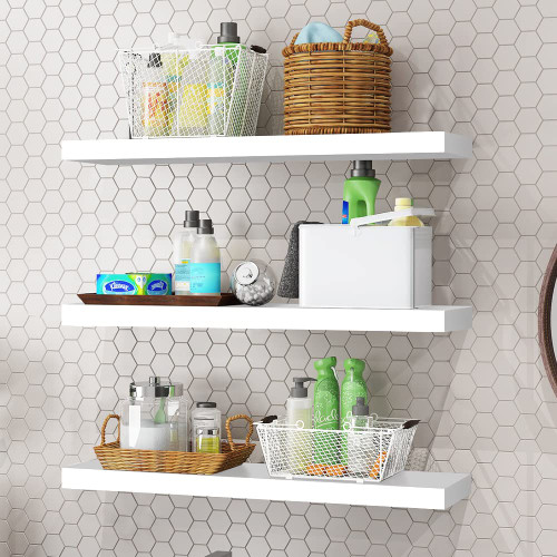 MOBPMO White Floating Shelves, Wall Storage Shelf with Invisible Brackets, Decorative Display Shelf Unit Organizer for Living Room,Bedroom,Bathroom,Kitchen, Set of 3