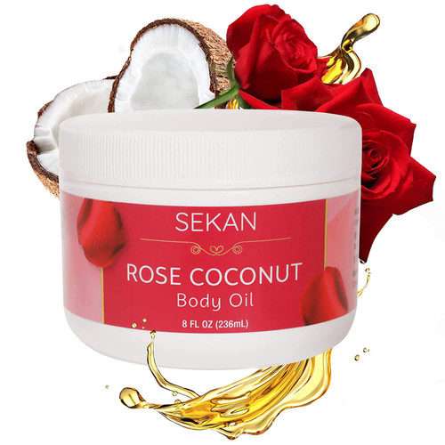 SEKAN Natural Coconut Body Oil Moisturizer with Rose Essential Oil - Moisturizes, Rejuvenates & Repairs Skin, Hair and Nails | For Daily Use