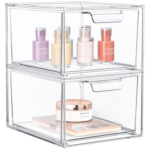 SpaceHacks 2 Pack Stackable Makeup Organizer and Storage, Acrylic Organizers?Clear Plastic Storage Drawer with Handles for Vanity, Undersink, Kitchen Cabinets, Pantry