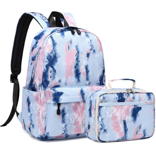 Lohol Tie dye School Backpack with Lunch Box, Lightweight BookBag Set for Girls Kids ?Blue?