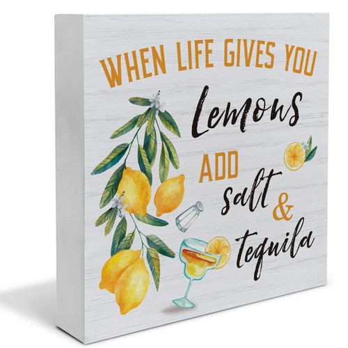 Fresh Lemons Wood Box Sign Decor Desk Sign Lemon Quote Wooden Box Block Sign Rustic Home Kitchen Bar Shelf Wall Decoration
