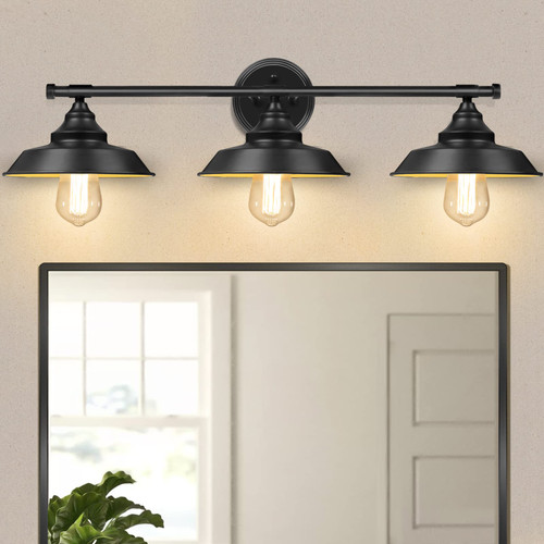 BesLowe Farmhouse Bathroom Vanity Wall Light Fixture, Industrial Rustic Style 3-Light Vanity Wall Sconce, Vintage Wall Mount Lamp for Bathroom Bedroom Vanity Mirror Cabinets Dressing Table, Black