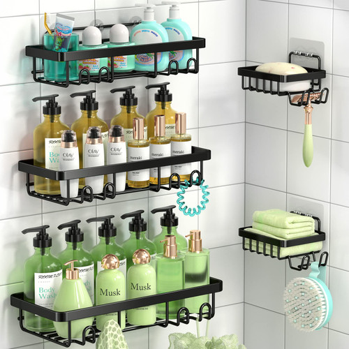 Winproper 5-Pack Adhesive Shower Caddy, Bathroom Shower Organizer with 16 Hooks, Shower Shelves with 2 Soap Holder, No Drilling Stainless Steel Shower Shelf for Inside Shower-Black