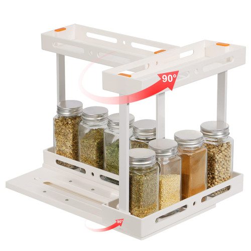 jocabo Rotating Spice Rack 2 Tier Plastic Seasoning Spice Detachable Jar Storage Rack Pull Out Kitchen Cabinet Organiser Slide Salt Bottle Box Holder Shelf Counter Spice Stand Pantry Storage Shelf