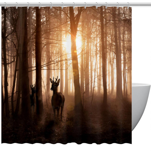 VAPOKF Shower Curtain for Bathroom Decor, Misty Sunrise Forest Deer Waterproof Polyester Fabric Bath Curtain Set with 12 Hooks - 60x72 Inches