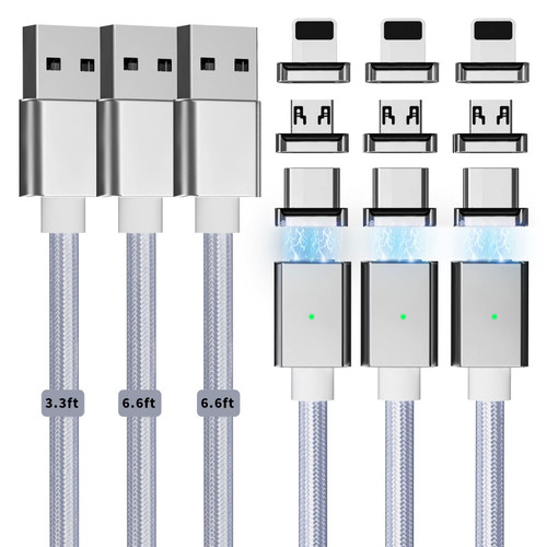 Magnetic Charging Cable 3A Fast Charging(3 Pack,3.3/6.6/6.6ft) 3 in 1 Magnetic Phone Charger Cable with LED Light,Nylon Braided Magnetic Cable,Data Transfer Cord for iProduct/USB-C/Micro-USB Device