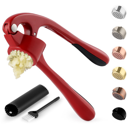 Zulay Kitchen Premium Garlic Press with Soft, Easy to Squeeze Handle - Includes Silicone Garlic Peeler & Cleaning Brush - 3 Piece Garlic Mincer Tool - Sturdy Easy to Clean Garlic Crusher (Red)