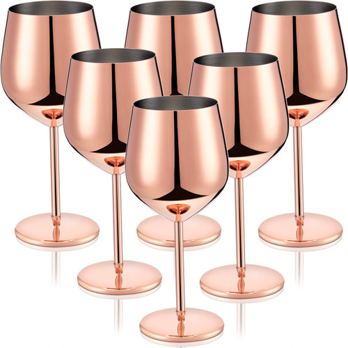 6 Pieces Stainless Steel Wine Glass Unbreakable Rose Gold Wine Glasses Skinny Stem Wine Glasses Stemmed Travel Wine Glasses Stainless Steel Goblets Drinkware for Outdoor, Party, Wedding, Anniversary