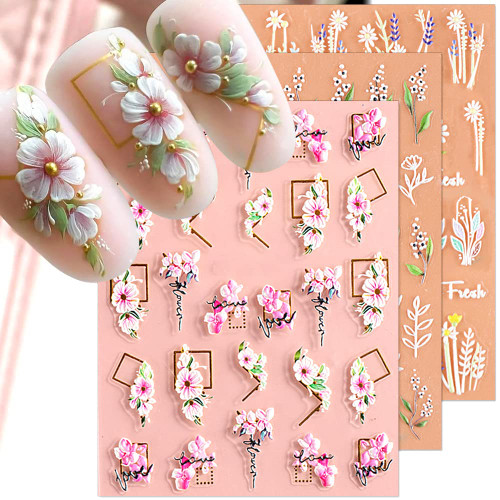 5D Flowers Nail Stickers, Stereoscopic Embossed Flower Nail Decals Self-Adhesive Nail Art Stickers 5D Floral Nail Design Nail Supplies for Women DIY Nail Decoration Accessories, 6 Sheets/Set