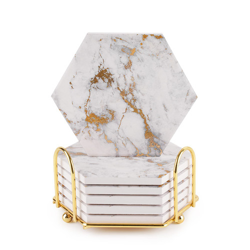 Coasters for Drinks,Drink Coasters with Gold Holder, Gold Marble Coasters for Coffee Table,Home Decor,Housewarming Gift