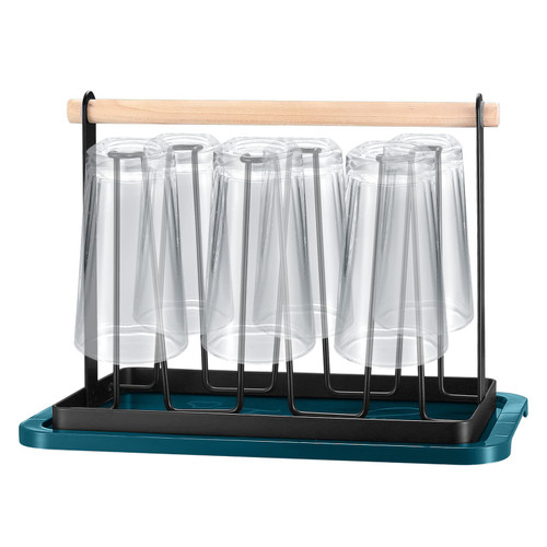 Cup Drying Rack, Glass Bottle Mug Cup Holder Stand with Drain Tray, Countertop Drainer Coffee Mugs Cups Bottles Organizer with Wood Handle and Removable Draining Tray for 6 Bottles, Cups, Mugs