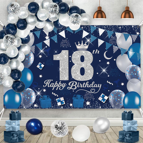 Navy Blue 18th Birthday Decorations for Boys and Girls, Navy Blue Silver Happy 18th Birthday Backdrop, 18th Birthday Balloons, Blue 18th Birthday Party Decorations, 18 Year Old Birthday Decor