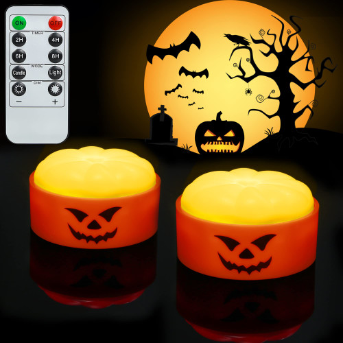2-Pack Halloween Pumpkin Lights with Remote Timer,Bright Battery Operated Jack-O-Lantern Light Flameless Candles for Outdoor Decorations,Orange Pumpkin LED Electric Tea Lights Halloween Decor (Orange)