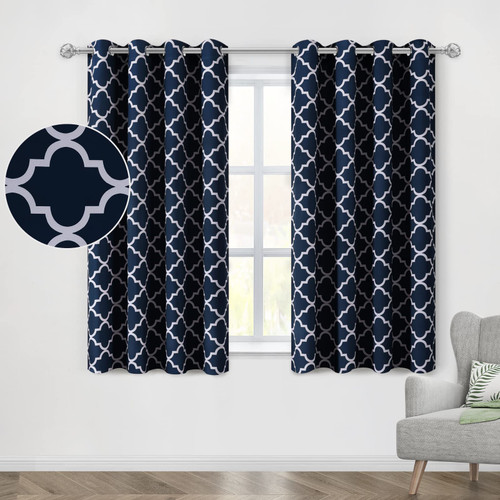 HOMEIDEAS Navy Blue Blackout Curtains for Bedroom Living Room Moroccan Pattern Curtains 63 Inch Length 2 Panels Set Room Darkening Curtains Thermal Insulated Grommet Window Curtains/Drapes, W52 x L63