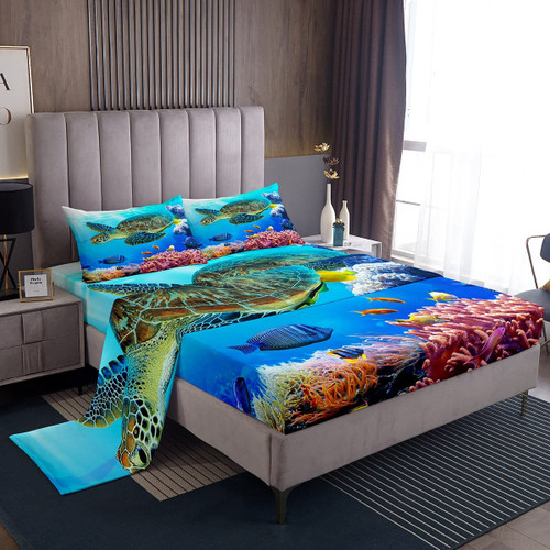 Manfei Sea Turtle Sheet Set Twin,Fish Ocean Animal Bedding for Kids Teens Room Decor,Marine Mediterranean Style Sea Blue Bed Sheet 3pcs with Deep Pocket Fitted Sheet + Flat Sheet + 1 Pillowcase