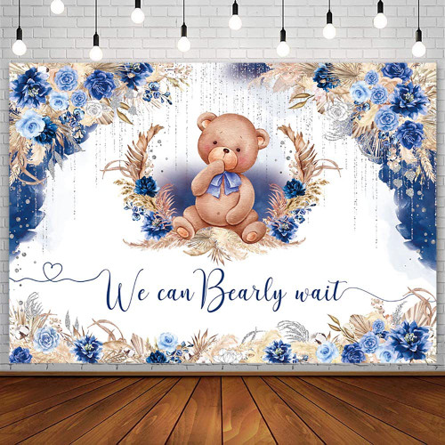 AIBIIN 7x5ft Boho Bear Baby Shower Backdrop for Boy We Can Bearly Wait Oh Baby Photography Background Royal Blue Flowers Bohemian Pampas Grass Baby Shower Party Decorations Banner Photo Booth Props