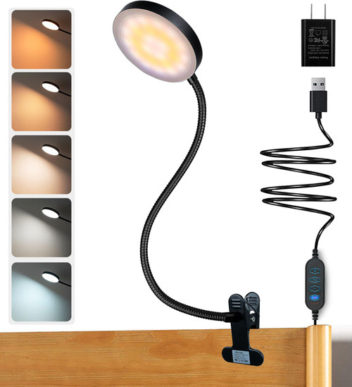 KAiSnova Clamp Lamp 10W Clip on Lamp for Bed 66 LED Clip Lights for Bed with Adapter 5 Color & 10 Brightness Level Reading Lights for Books in Bed Headboard Eye Caring USB Light for Working, Studying