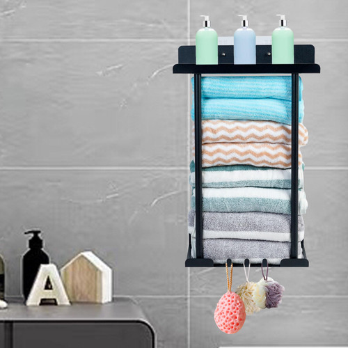 Terkarlie Towel Racks for Bathroom, Steel Towel Holder with 3 Hooks for Bathroom Wall, Wall Towel Rack for Rolled Towels Storage for Small Bathroom, Wall Mounted Towel Shelves for Bathroom Organizer
