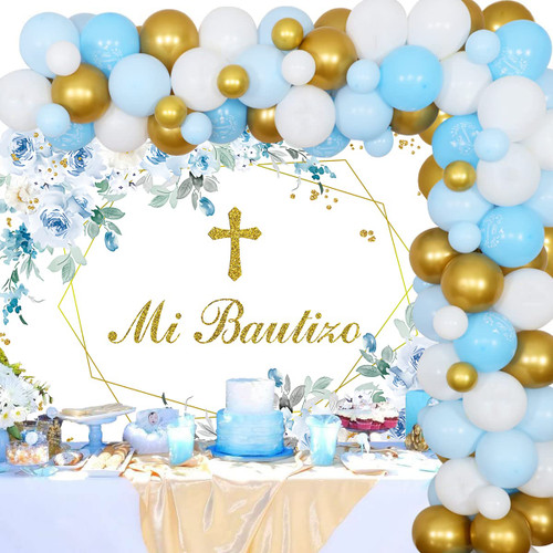 Mi Bautizo Backdrop Mexican Baptism Party Decorations with Blue Flower Background,Blue Gold Balloon Garland for God Bless First Holy Communion Christening Confirmation Religious Party Baby Shower