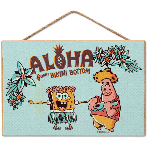 Nickelodeon SpongeBob SquarePants Aloha from Bikini Bottom Hanging Wood Wall Decor - Fun SpongeBob Sign for Home Decorating