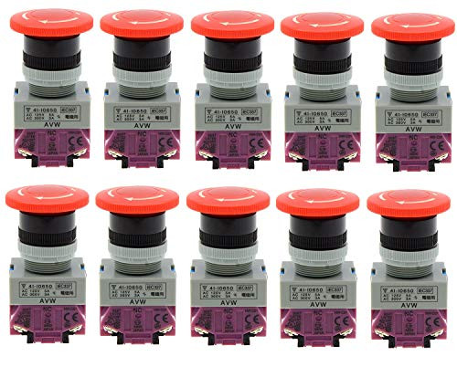 YXQ 660VAC 10Amp 1NO 1NC Emergency Stop Push Button Switch Red Mushroom Cap 4 Screw Terminals, 10Pcs