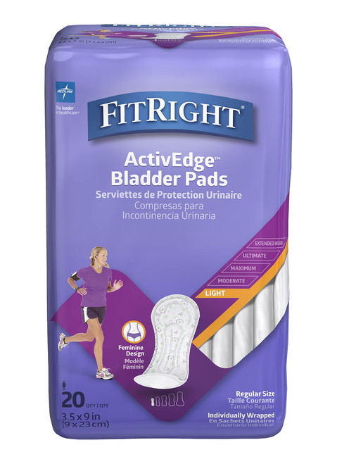 FitRight Incontinence Bladder Control Pads, Light Absorbency, 3.5" x 9", 20 Count (Pack of 12)