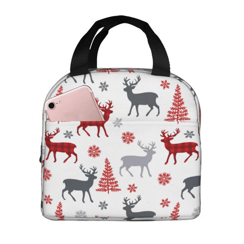 Reusable Lunch Tote Bag Red Plaid Reindeer Elk Deer Insulated Lunch Bag Durable Cooler Lunch Box