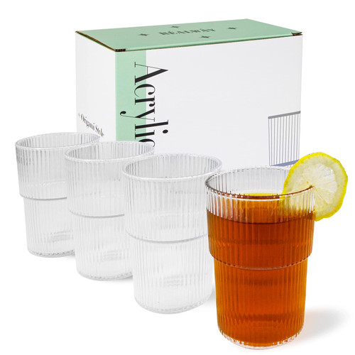 REALWAY Plastic Tumblers, Unbreakable Ribbed Glasses,17OZ Origami Style Drinking Cup, Reusable Plastic Glasses Drinking Dishwasher Safe, Clear Acrylic Cup Stackable Drinkware for Kitchen, Set of 4