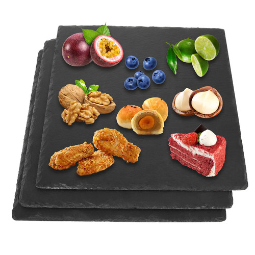 CertBuy 3 Pack Square Slate Cheese Board 12 x 12 Inch, Cheese Platter Slate Board with Natural Edge for Kitchen Dining Party, Black Stone Plates for Cake Fruit Meat Appetizers Dried Fruits Display