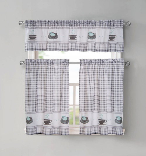Regal Home Collections Coffee Plaid Kitchen Curtains 3-Piece Set - Curtains for Kitchen Windows - Half Curtain Panels and 56" x 15" Valance (56" x 36", Gray)
