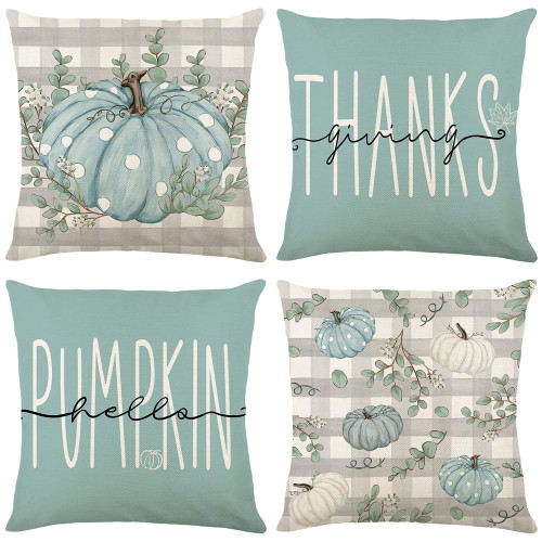 GAONINI Fall Pillow Covers 18x18 Set of 4, Buffalo Plaid Pumpkins Eucalyptus Leaves Fall Pillows Decorative Throw Pillow Covers Outdoor, Farmhouse Autumn Pillows Cases Fall Decorations for Home Q04