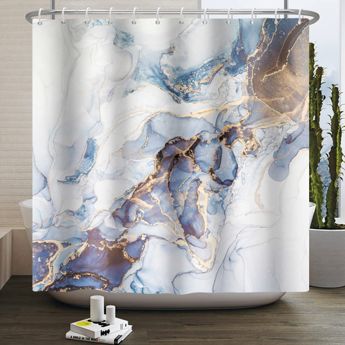 Renaiss 72x72 Inch Blue and Gold Marble Shower Curtain Abstract Ink Paint Jade Gold Texture Shower Curtain for Bathroom Modern Decor Waterproof Polyester Fabric with Hooks