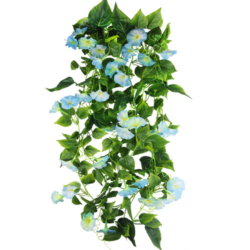 CISDUEO 2 Pcs Artificial Vines for Outdoors Silk Morning Glory Vines 15Feet Hanging Plants Blue Flowers Garland Fake Green Plant Morning Glories for Home Decor Wall Fence Wedding Hanging Baskets