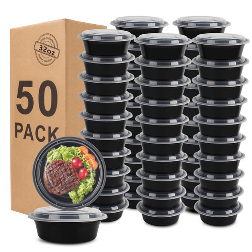 WGCC Meal Prep Containers with Lids - 50Pack 32OZ Meal Prep Bowls, Disposable Food Prep Containers, Round To Go Containers with Lids, BPA-Free, Freezer & Dishwasher Safe