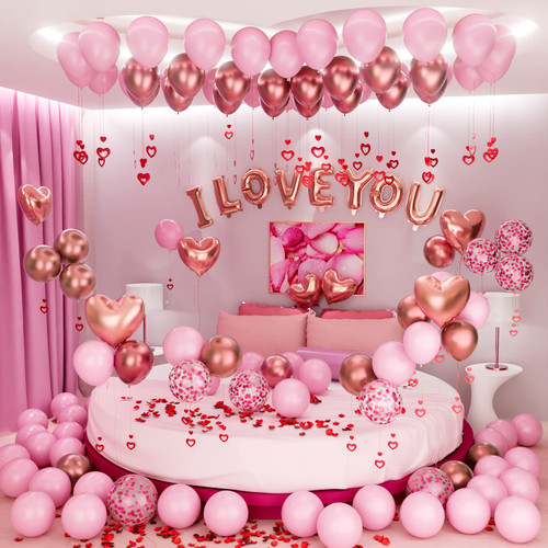 Bonropin Valentines Day Balloons Kit with Rose Gold Pink Heart Balloons Rose Petals I Love You Balloons for Anniversary Mothers Day Wedding Romantic Decorations Special Night