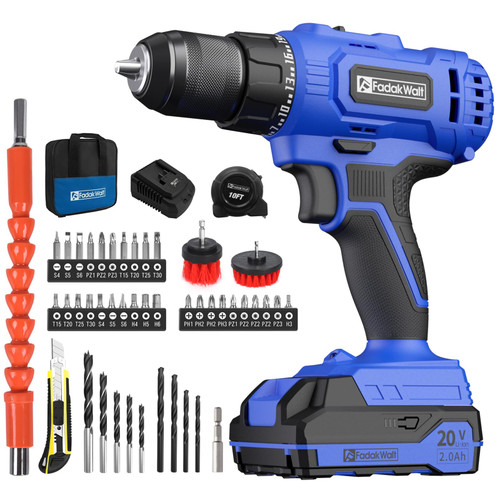FADAKWALT 20V Cordless Drill/Driver Set,Electric Power Drill Kit with Battery& Charger, 1/2inch Keyless Chuck,2 Variable Speed,25+1 Torque Setting, 400 inch-lbs with LED Power Drill Kit