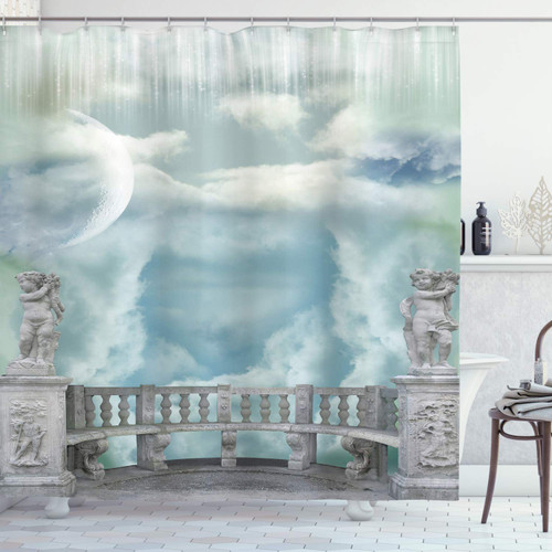 Ambesonne Mystic Shower Curtain, Balcony in The Sky with Angel Castle in Victorian Style Architecture, Cloth Fabric Bathroom Decor Set with Hooks, 69" W x 70" L, White Blue