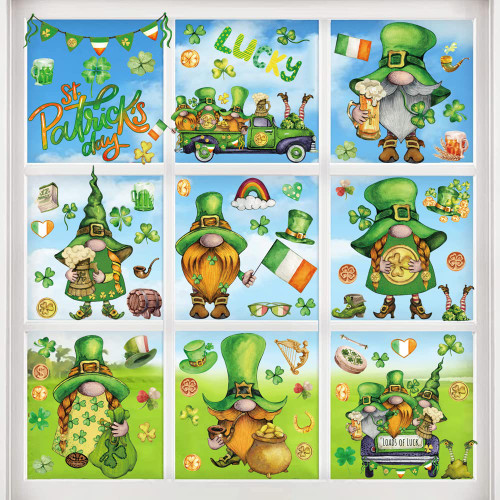 St. Patrick's Day Decoration Green Window Clings St. Patrick's Day Window Stickers Double-Sided Saint Patty Shamrock Gnome Window Decals for Glass Window Wall Decor