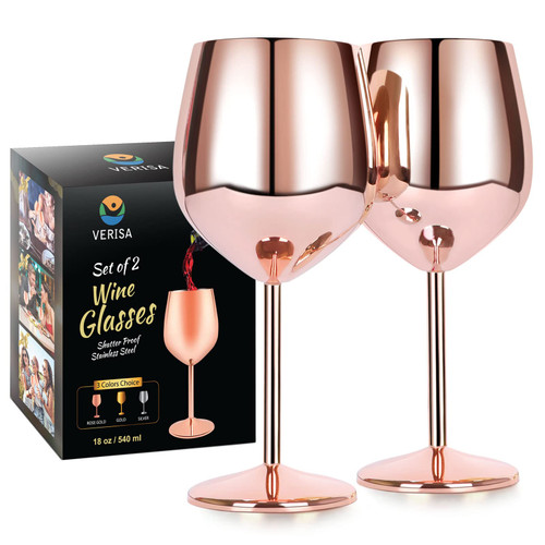 VERISA Rose gold wine glasses,18oz Unbreakable Steel Wine glass, Shatterproof Metal wine Goblets for Outdoor, Picnic,Party, Gift Box Red wine 2 wine glasses (ROSE GOLD)