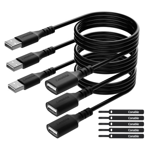 3 Pack USB Extension Cable 10 FT, USB 2.0 Type A Male to Female Extender Cord Adapter, Compatible with Printer, Keyboard, Mouse, Flash Drive, Hard Drive, Controller, Black Cable with 5 Cable Ties