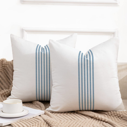 YCOLL Farmhouse Pillow Covers 16x16, Boho Throw Pillow Covers Set of 2, Blue Striped Linen Decorative Pillows Cushion Covers for Couch Sofa Bedroom
