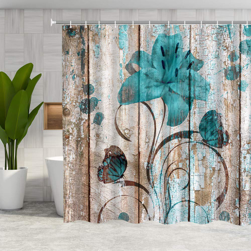 DMTTY Floral Flower Shower Curtain Rustic Shower Curtain Set Teal Flower Butterfly Bathroon Curtain Farmhouse Wooden Plank Country Fabric Shower Curtain Turquoise Shower Curtain with Hooks