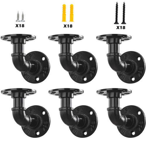 6 Pack Industrial DIY Pipe Shelf Brackets,Vintage Black Iron Wall Mount Pipe Shelving Bracket, Rustic Home Pipe Shelf