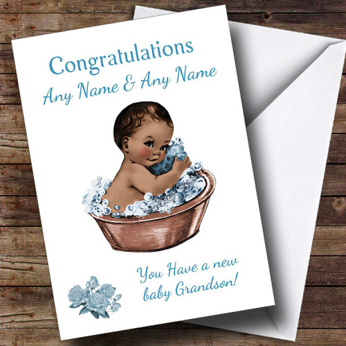 Cute Vintage Blue Black Baby Boy Grandson Personalized Sibling Greetings Greetings Card