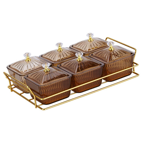 MagiDeal Divided Serving Platter Appetizer Serving Tray with Lids Food Storage Container Rack Snacks Platter for Fruits Restaurant Kitchen, 6 Bowls Brown